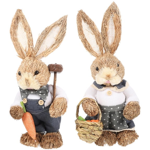 Pretyzoom 2Pcs Assorted Color Straw Bunny Decor Hand Woven Rabbit Figurines for Easter Front Door Decoration
