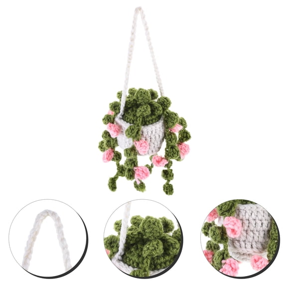 Pretyzoom Pink Crochet Car Hanging Ornament with Flower and Plant Design for Interior Decor