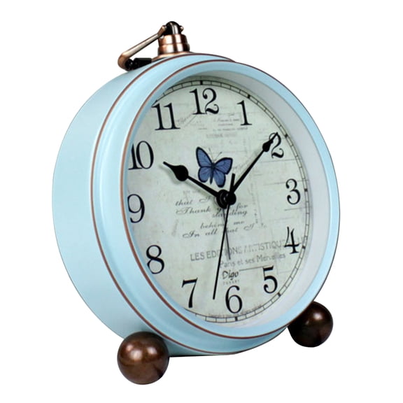 Pretyzoom 1Pc Sky Blue Pastoral Retro Desktop Clock with Alarm Metal and Glass for Home Decoration
