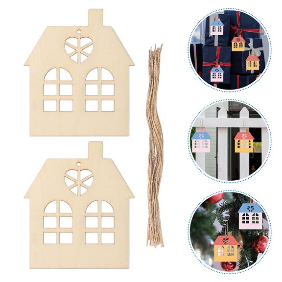 Pretyzoom 1Set Wooden DIY Supplies House Shape Slices Khaki Wood Craft Material for Wall Hanging