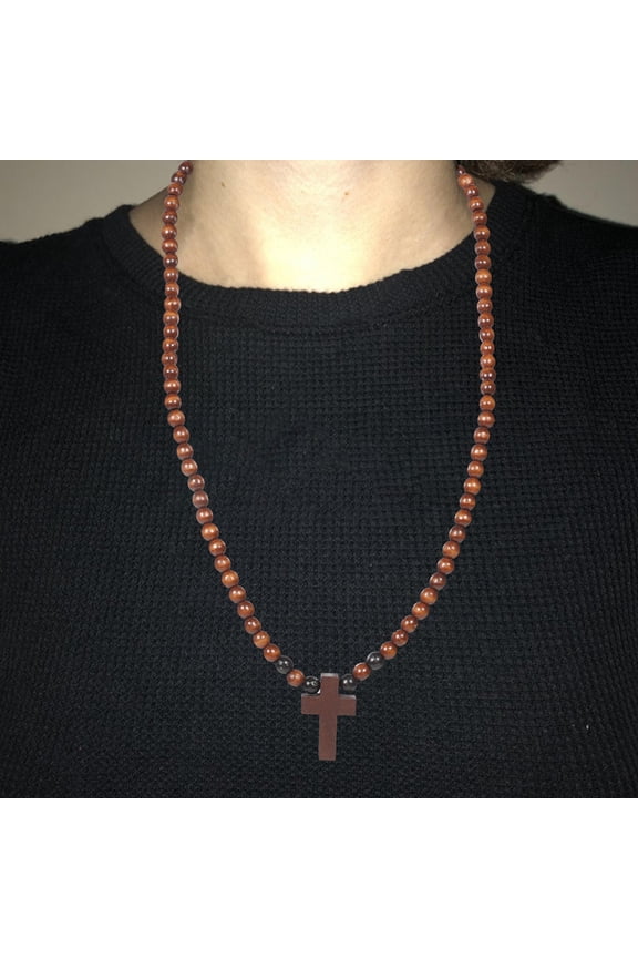 1Pcs Men's Bead Necklace Wood Cross Chain Vintage Style Item Coffee Various Occasions