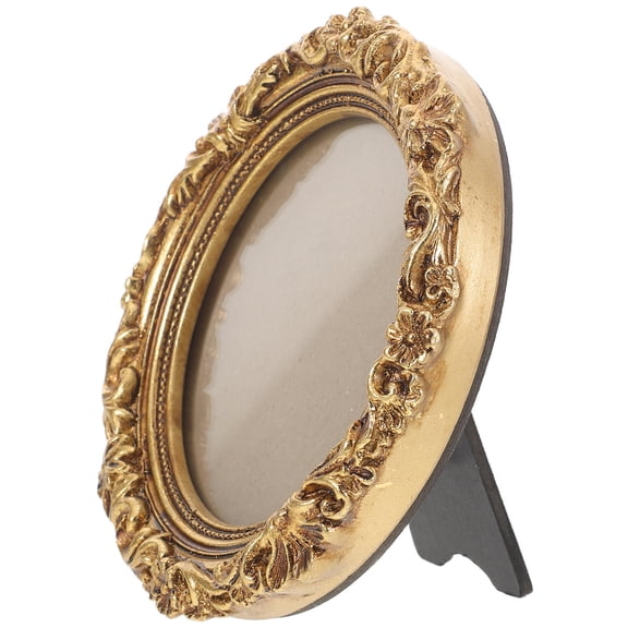 Pretyzoom Vintage Plated Gold Resin Picture Frame Ornate European Style Round Tabletop Decor