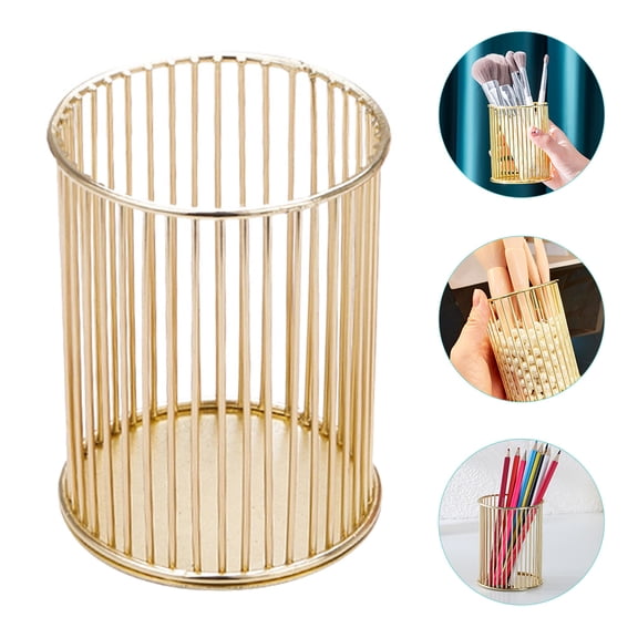 Pretyzoom Pen Case Holder Iron Round Design Golden for Households 1Pcs