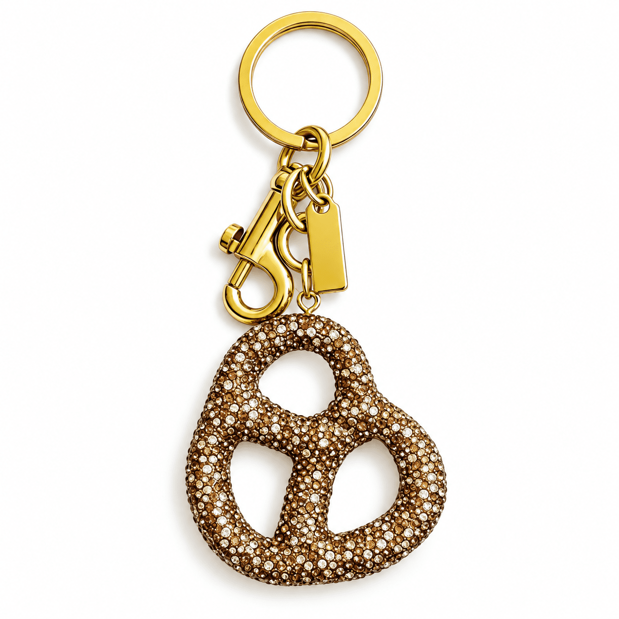 Pretzel Keychain, Brown Sparkly Bag Charm with Gold-Color Key Ring and ...