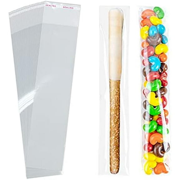 Pretzel Rod Bags 100 Pcs 2x8 Inch Pretzels Bag Adhesive Pretzels Individual Bags Clear Resealable Self Sealing Cellophane Bag for Chocolate Covered Pretzels Stick Candy Treats Packaging