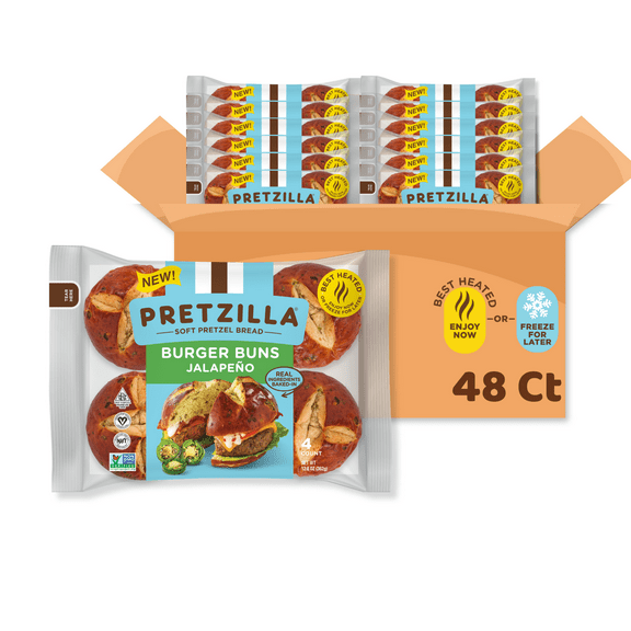 Pretzilla Soft Jalapeno Pretzel Burger Buns 12.8oz 4ct Case of 12 (48 Buns Total)