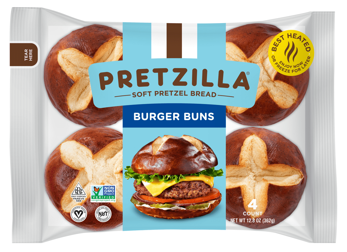 Pretzilla Soft Pretzel Burger Buns, Non-GMO, 12.8 oz, Shelf-stable, 4 Count