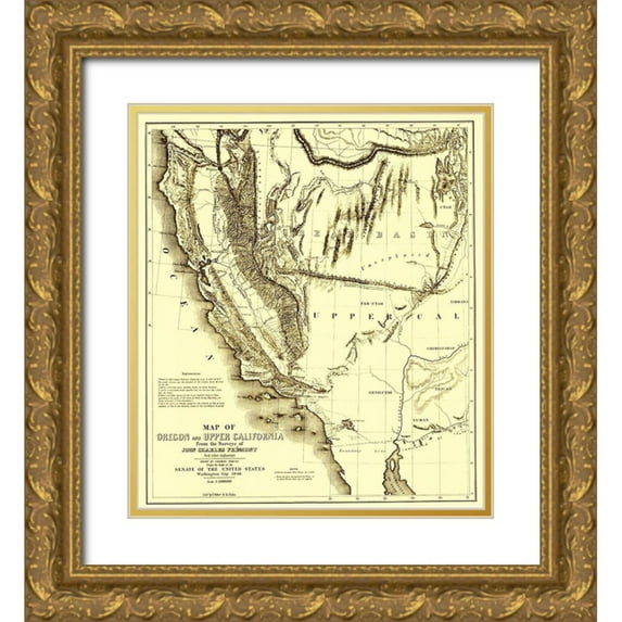 Preuss 26x29 Gold Ornate Wood Framed with Double Matting Museum Art Print Titled - Oregon, Upper California - Preuss 1848