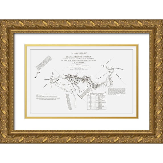 Preuss 32x22 Gold Ornate Wood Framed with Double Matting Museum Art Print Titled - Missouri to Oregon Trail - Preuss 1846
