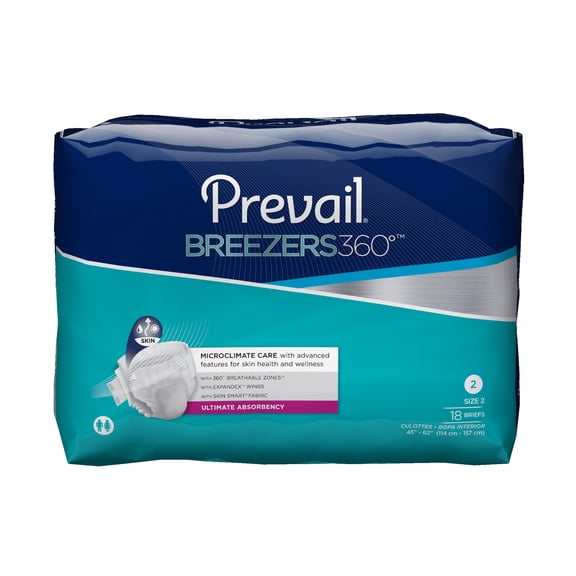 Prevail Unisex Breezers 360 Maximum Absorbency Incontinence Briefs, Size 2, 18 Count