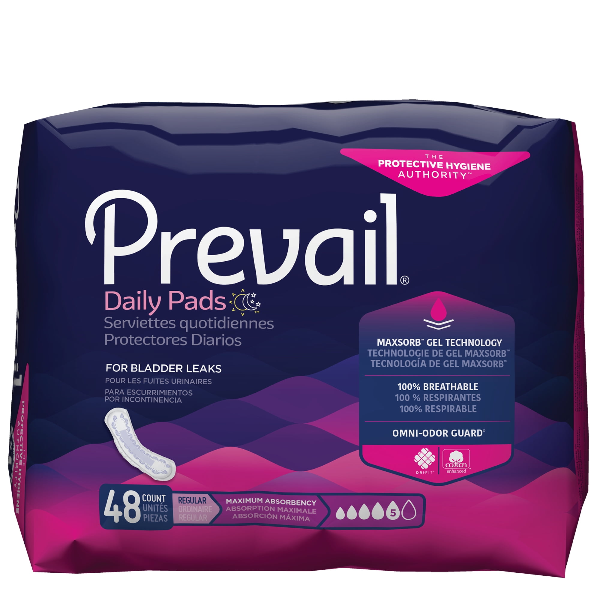 Prevail Daily Pads for Bladder Leaks, Disposable, Maximum Absorbency, Regular, 48 Count, 1 Pack