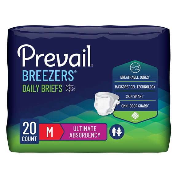 Prevail Breezers Adult Incontinence Brief M Heavy Absorbency Breathable, PVB-012/3, 66, 20 Ct