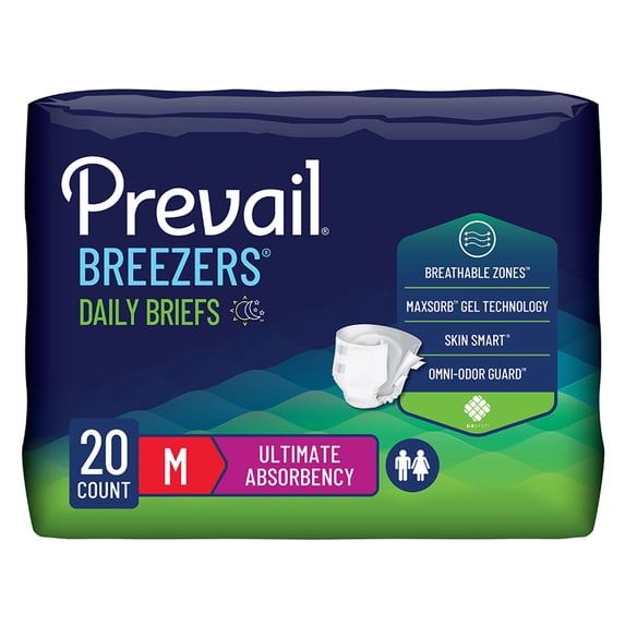 Prevail Breezers Adult Incontinence Brief M Heavy Absorbency Breathable, PVB-012/3, 66, 20 Ct