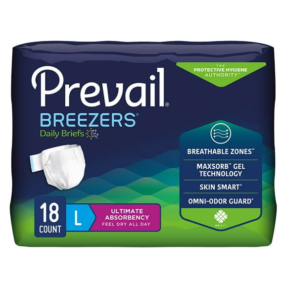 Prevail Breezers Briefs, Incontinence, Disposable, Ultimate Absorbency, Large, 18 Count, 1 Pack