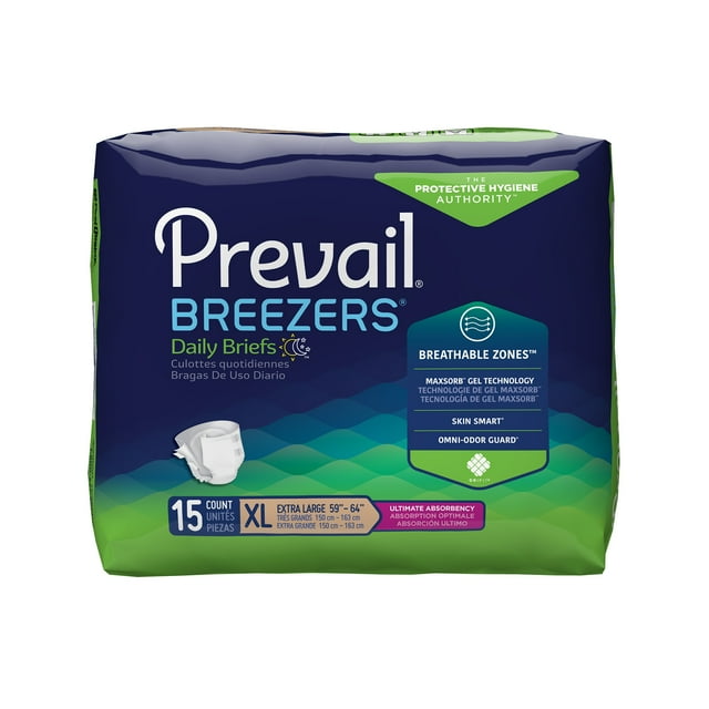 Prevail Breezers Briefs, Incontinence, Disposable, Ultimate Absorbency, XL, 15 Count, 15 Packs, 15 Total