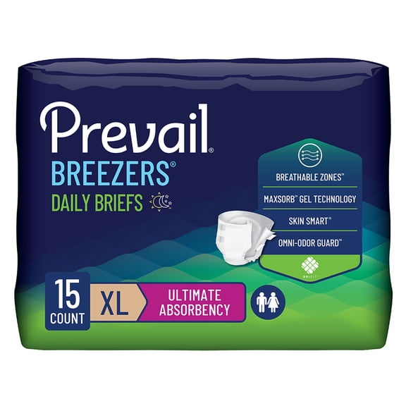 Prevail Breezers Briefs, Incontinence, Disposable, Ultimate Absorbency, XL, 15 Count, 15 Packs, 15 Total