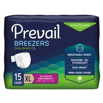 Prevail Breezers Briefs, Incontinence, Disposable, Ultimate Absorbency, XL, 15 Count, 4 Packs, 60 Total