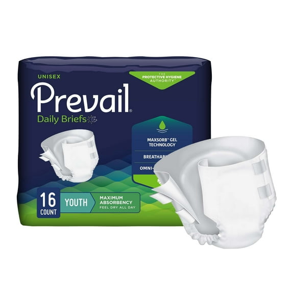 Prevail Daily Briefs, Pediatric Incontinence, Maximum Plus Absorbency, XS, 16 Count, 6 Packs, 96 Total