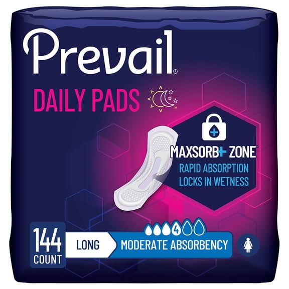 Prevail Daily Incontinent Pad 11" L Long Length BC-013, Moderate, 144 Ct