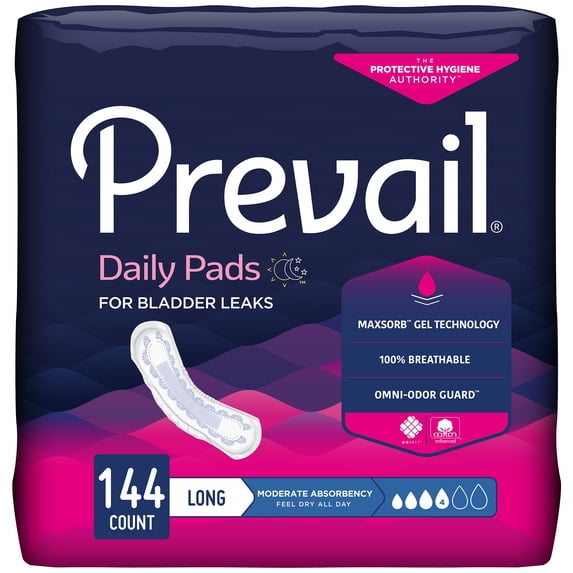 Prevail Daily Incontinent Pad 11" L Long Length BC-013, Moderate, 144 Ct
