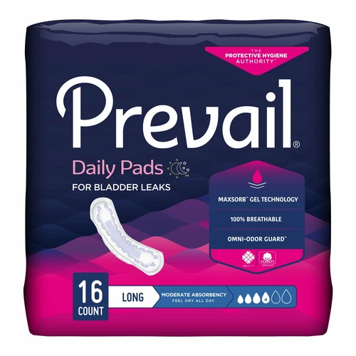Prevail Daily Incontinent Pad 11" L Long Length Moderate 16 Ct