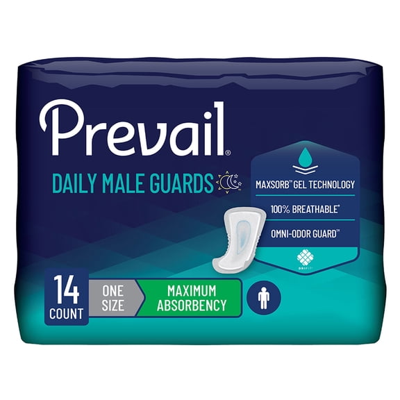 Prevail Daily Male Guards Bladder Control Pad, Incontinence, Disposable, Maximum Absorbency, 14 Count, 1 Pack