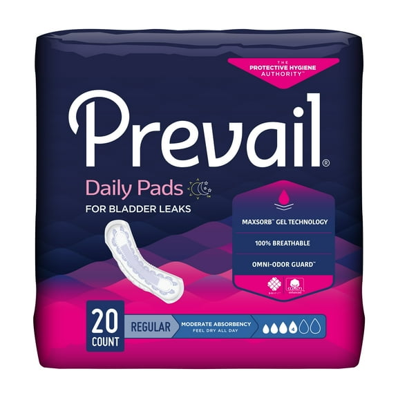 Prevail Daily Pads for Bladder Leaks, Disposable, Moderate Absorbency, Regular, 20 Count, 1 Pack