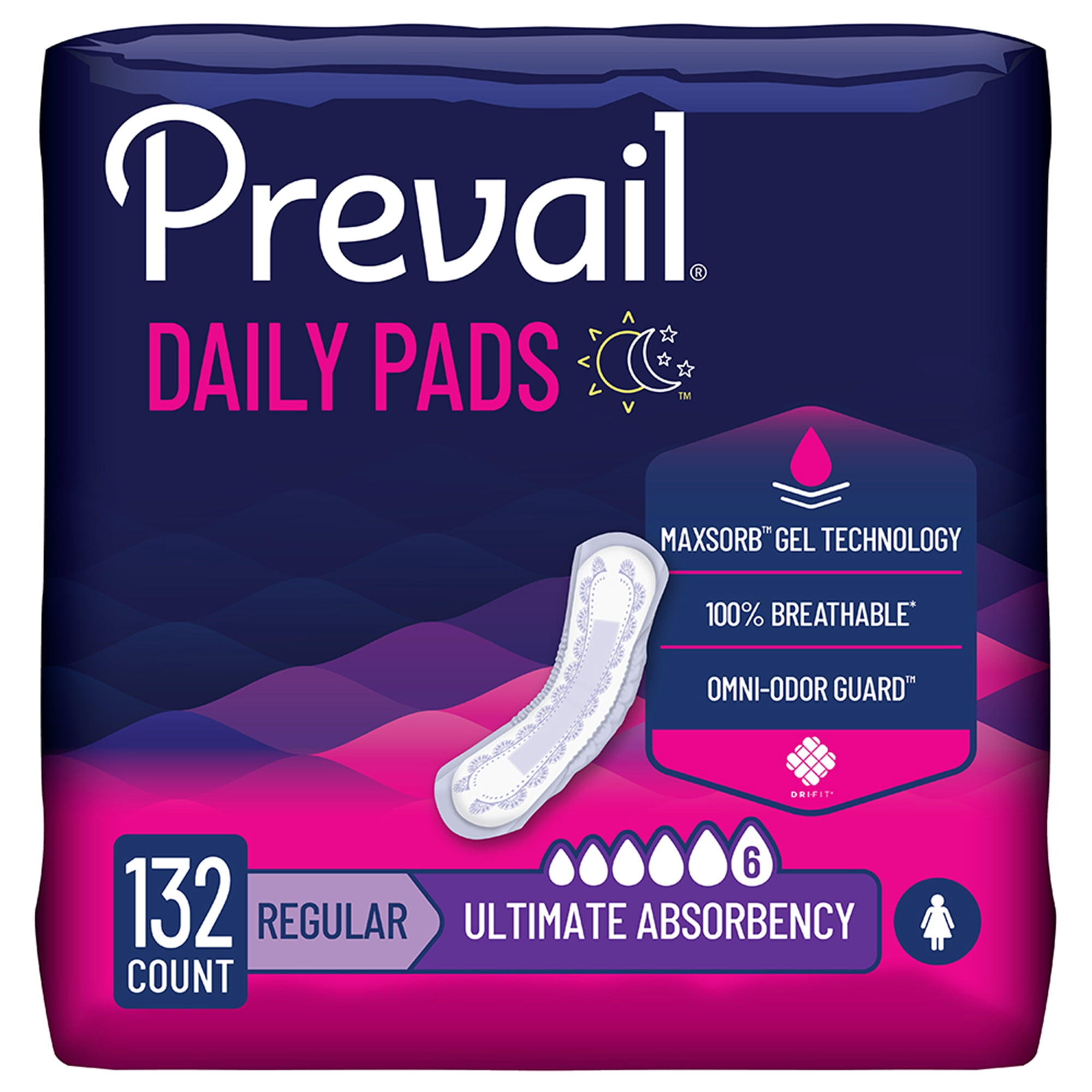 Prevail Daily Pads for Bladder Leaks, Disposable, Ultimate Absorbency, Regular, 33 Count, 4 Packs, 132 Total