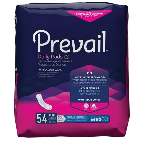 Prevail Daily Pads for Female Incontinence, Long Length, 11" L, 54 Count, 2 Packs, 108 Total
