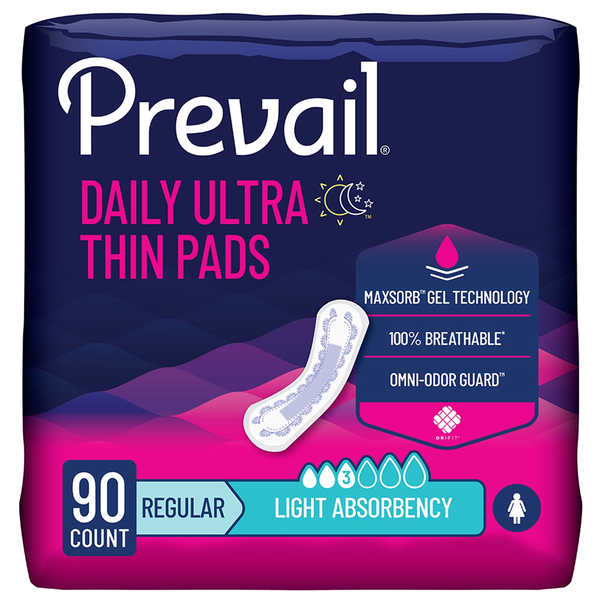 Prevail Daily Ultra-Thin Pads for Female Incontinence, 9 1/4 in, 30 Count, 3 Packs, 90 Total