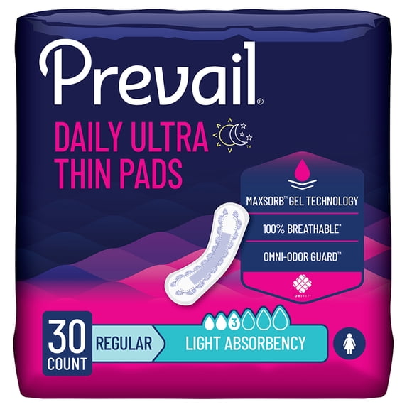 Prevail Daily Ultra-Thin Pads for Female Incontinence, 9 1/4 in, 30 Count, 3 Packs, 90 Total