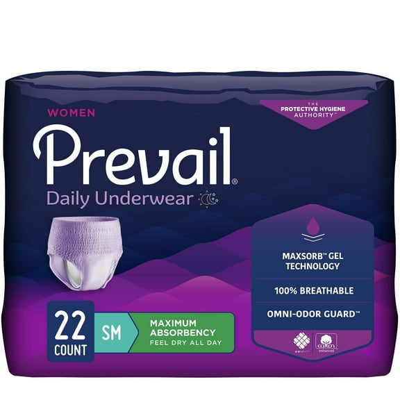 Prevail Daily Underwear Disposable Underwear Female Pull On with Tear Away Seams Small, PWC-511, Maximum, 22 Ct
