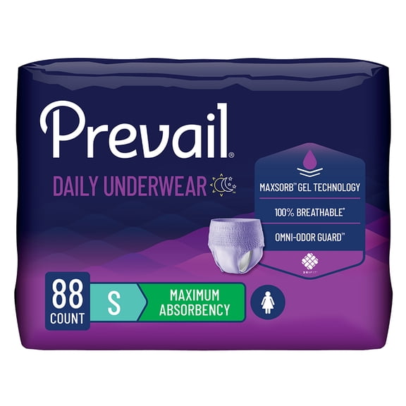 Prevail Daily Underwear Disposable Underwear Female Pull On with Tear Away Seams Small, PWC-511, Maximum, 88 Ct