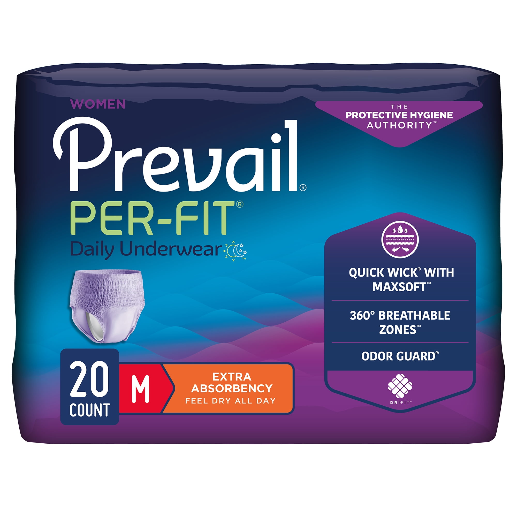 Prevail Per-Fit Incontinence Protective Underwear for Women, Extra Absorbency, Pull On with Tear Away Seams, Medium, Pack of 20