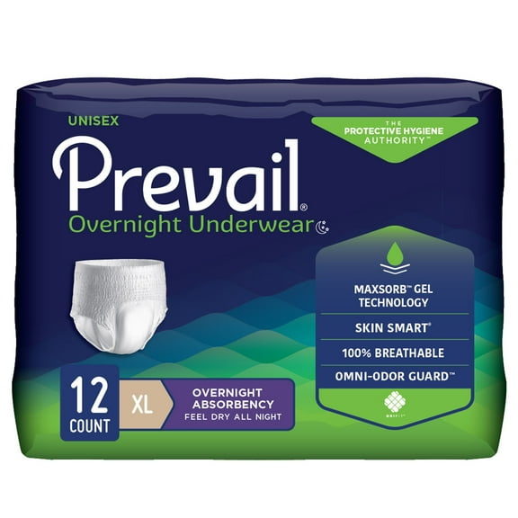 Prevail Disposable Underwear Pull On with Tear Away Seams X-Large, PVX-514, Overnight, 12 Ct