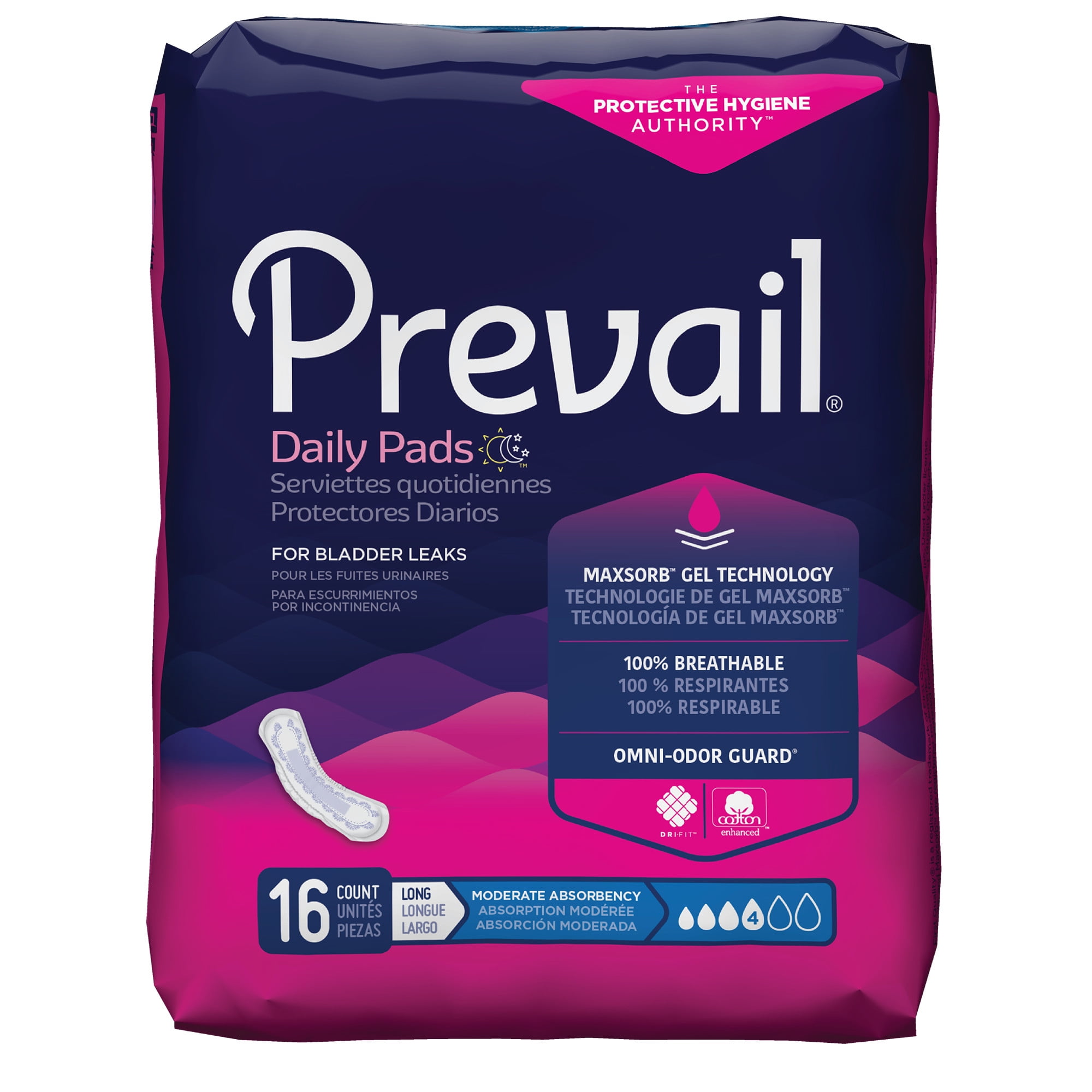  Prevail - Incontinence Bladder Control Pads for Women - Moderate  Absorbency - Long Length - 144 Count (9 packs of 16) : Health & Household