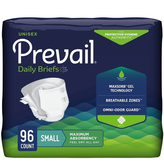 Prevail Incontinence Brief, Unisex, Maximum Absorbency, Size Small, 2 Cases of 96 Each, 192 Total Count