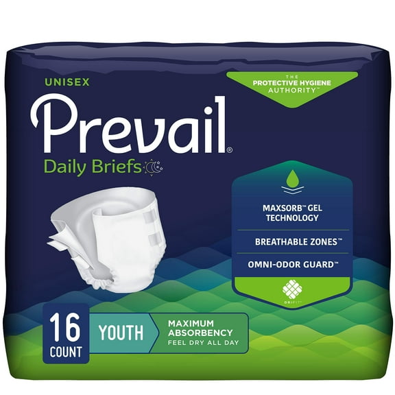 Prevail Unisex Briefs, Youth (15" - 22"), Maximum Absorbency (16 Count)