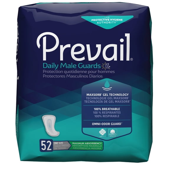 Prevail Male Guards, Maximum Absorbency, Incontinence Pads, One Size, 52 Count