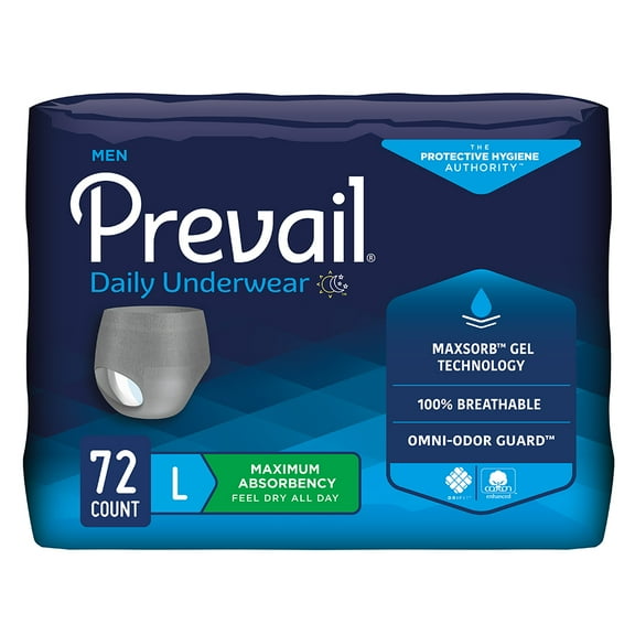 Prevail Men's Daily Incontinence Underwear, Disposable, Heavy Absorbency, Large, 72 Ct