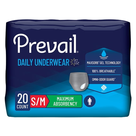 Prevail Men's Daily Incontinence Underwear, Disposable, Heavy Absorbency, S/M, 80 Ct