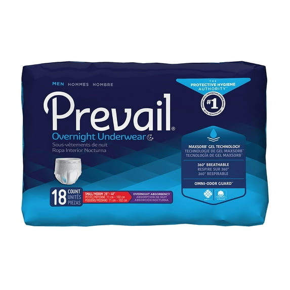 Prevail Men's Overnight Absorbency Incontinence Underwear, S-M, 18 Count