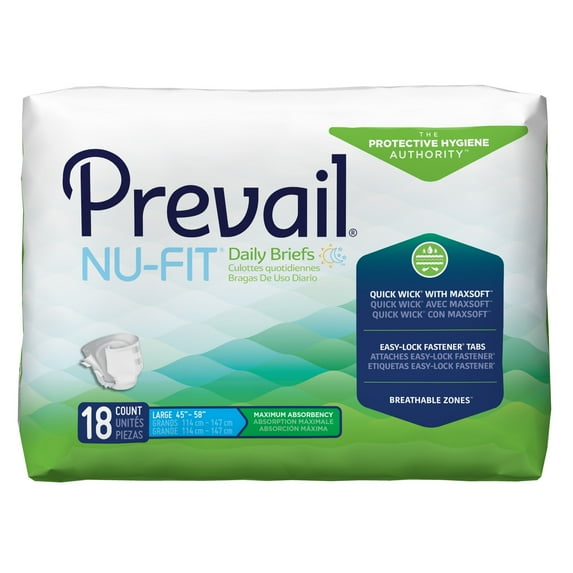 Prevail Nu-Fit Daily Briefs, Incontinence, Disposable, Maximum Absorbency, Large, 18 Count, 4 Packs, 72 Total