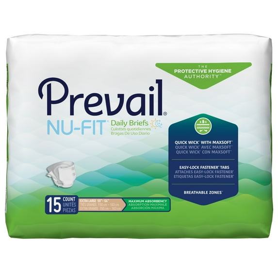Prevail Nu-Fit Daily Briefs, Incontinence, Disposable, Maximum Absorbency, XL, 15 Count, 4 Packs, 60 Total