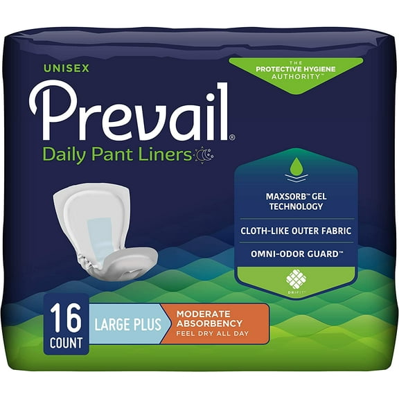 Prevail Incontinence Daily Pant Liners, Unisex, Moderate Absorbency, Large Plus, 16 Count, 4 Pack
