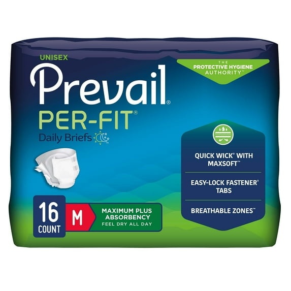 Prevail Per-Fit Daily Briefs, Incontinence, Disposable, Maximum Plus Absorbency, Medium, 16 Count, 1 Pack