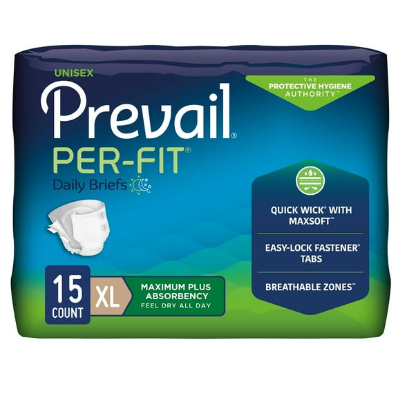 Prevail Per-Fit Daily Briefs, Incontinence, Disposable, Maximum Plus Absorbency, XL, 15 Count, 4 Packs, 60 Total