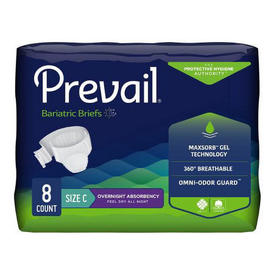 Prevail Unisex Adult Incontinence Brief Size C, Disposable Heavy Absorbency, Up to 110 Inch Waist / Hip, Bag of 8