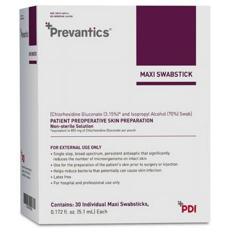 Prevantics Maxi Impregnated Swabstick, 3.25 Inches x 8 Inches, 3.15% - 70% Strength, Skin Antiseptic, Individual Packets, 30 Count