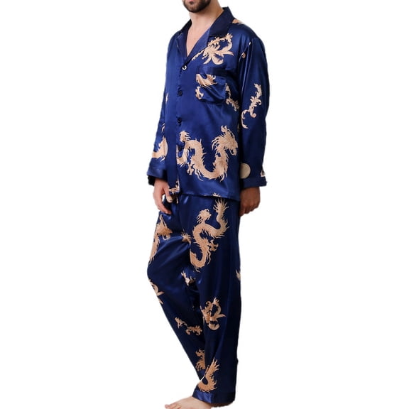 Previn Men's 2 Piece Pajama Set Satin Pants Long Sleeve Pj Set Button Down Silky Spandex Fall Soft Casual Loungewear Blue X-Large